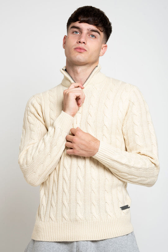 MENS TS CABEL FUNNEL KNIT LS ZIP PULLOVE