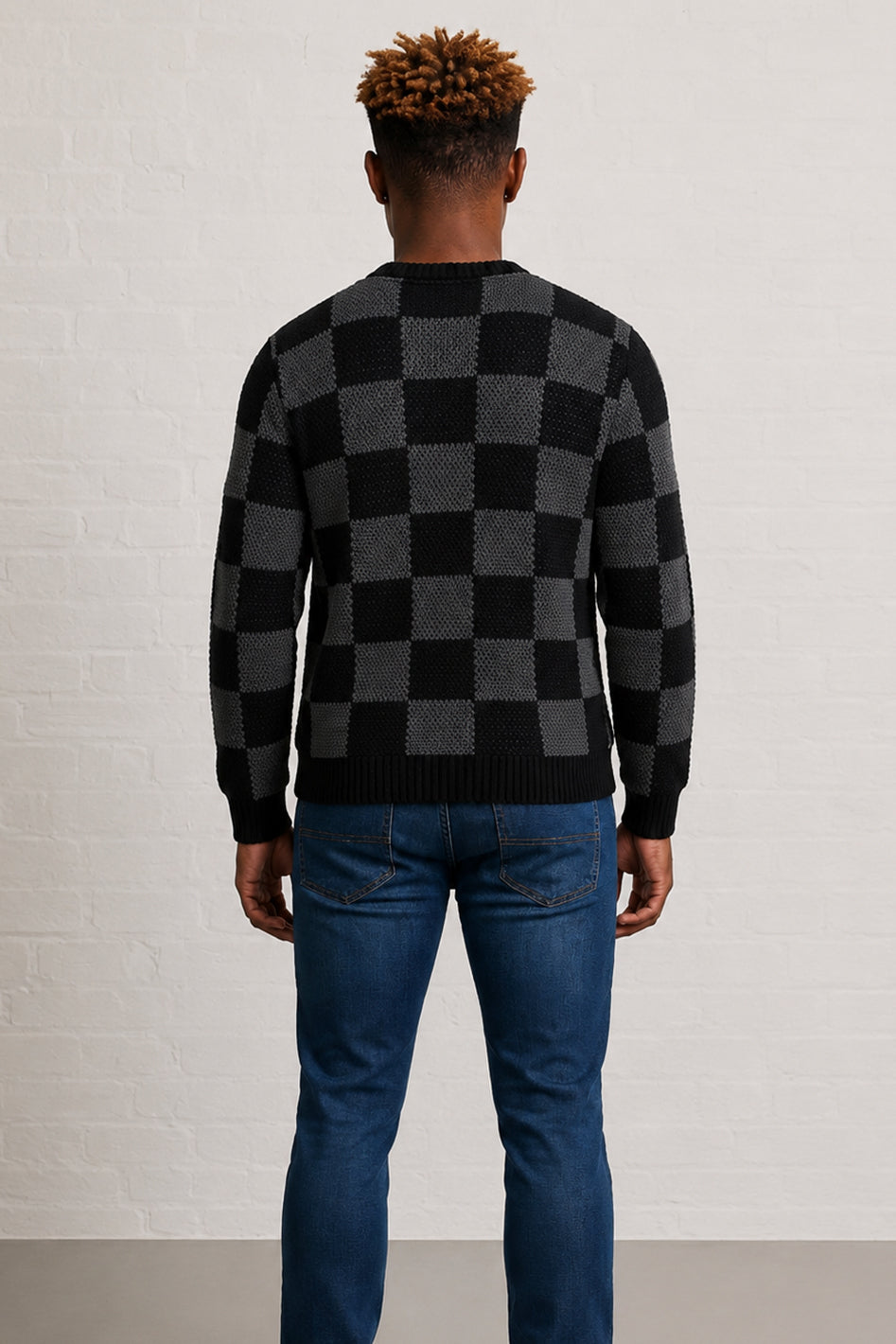 MENS TS CHESS PATTERN CR NK LS PULLOVER