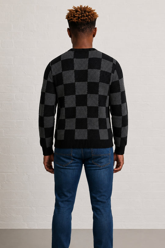 MENS TS CHESS PATTERN CR NK LS PULLOVER