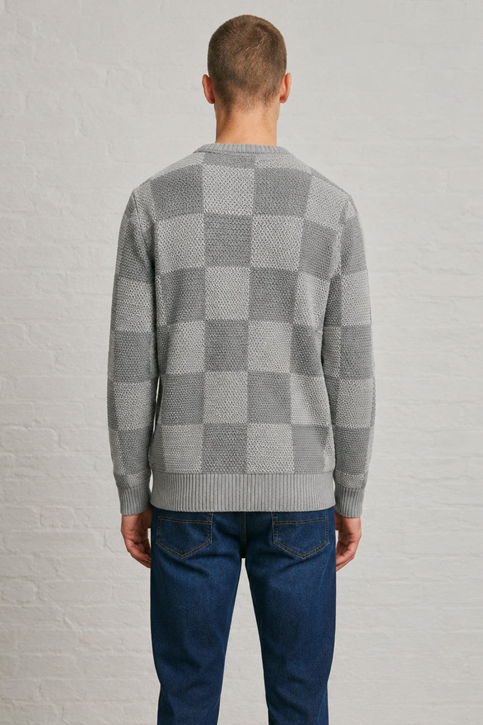 MENS TS CHESS PATTERN CR NK LS PULLOVER