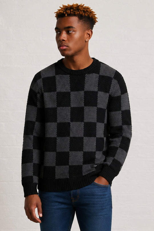 MENS TS CHESS PATTERN CR NK LS PULLOVER