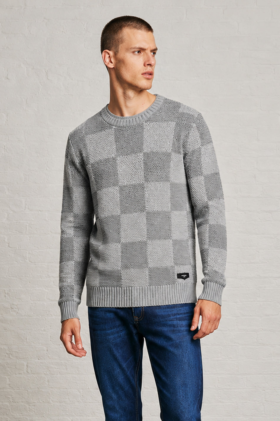 MENS TS CHESS PATTERN CR NK LS PULLOVER