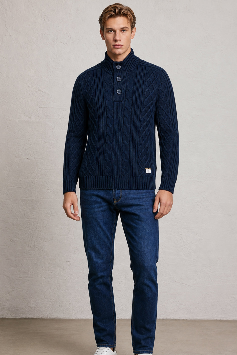MENS TS CABLE KNT BUTTON PLT LS PULLOVER