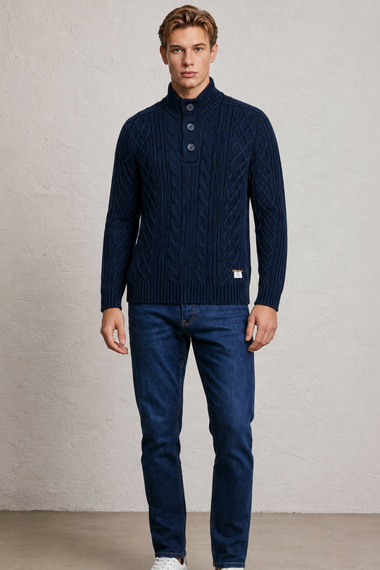 MENS TS CABLE KNT BUTTON PLT LS PULLOVER