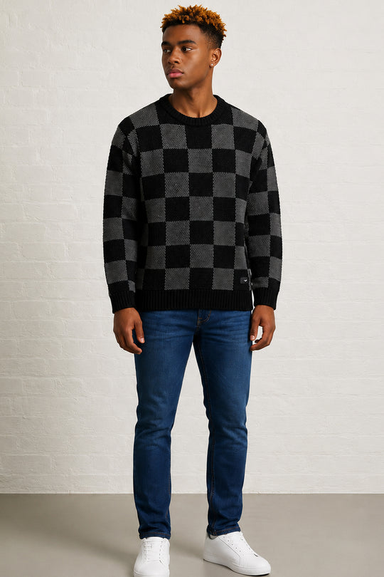 MENS TS CHESS PATTERN CR NK LS PULLOVER