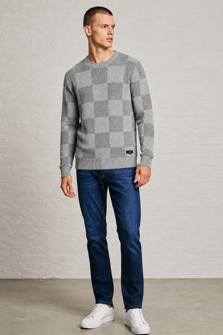 MENS TS CHESS PATTERN CR NK LS PULLOVER