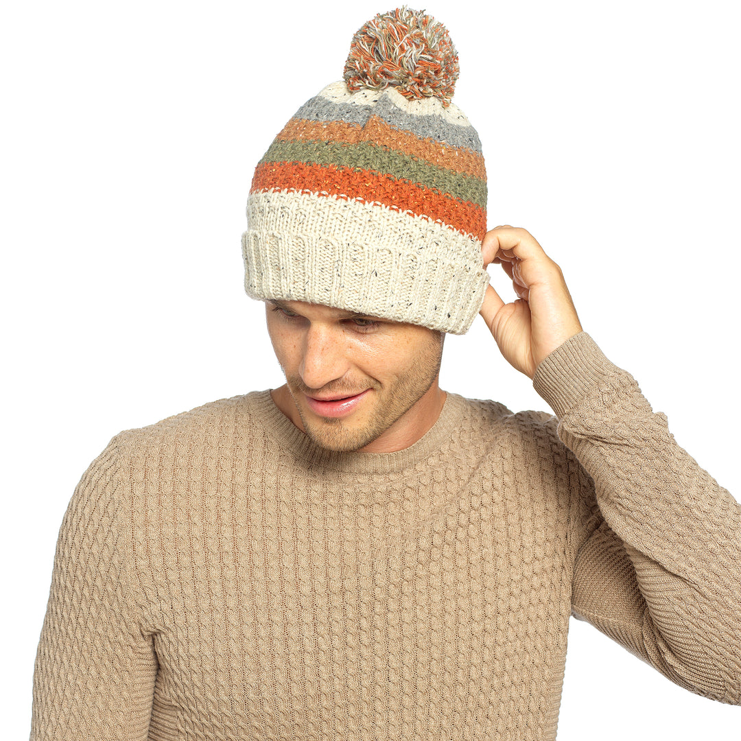 MENS NEP YARN HAT WITH LINING&BOBBLE