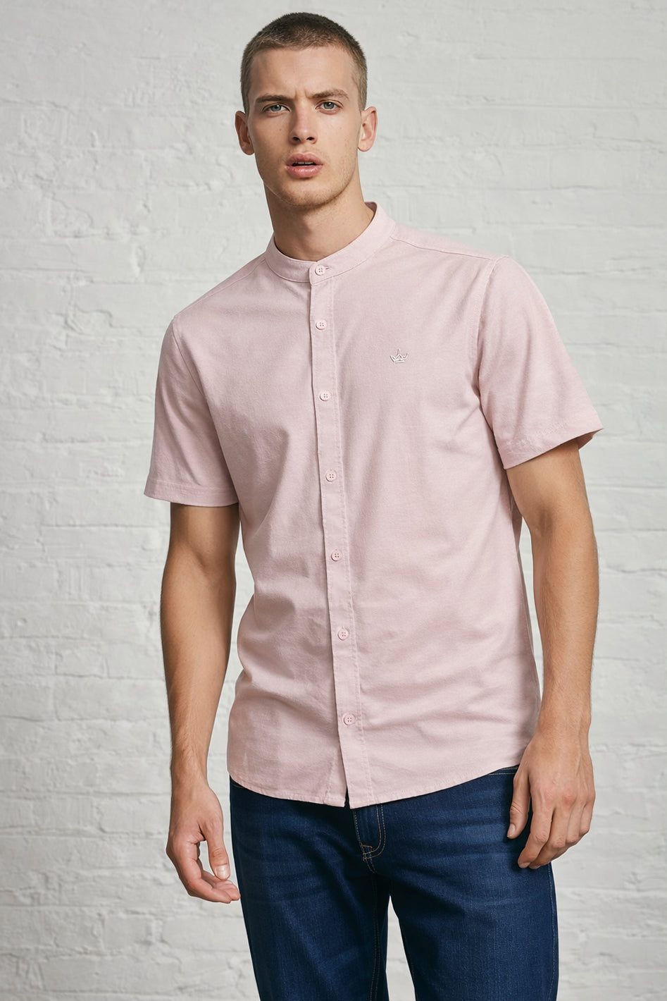 MENS IN CROWN EMB SS OXFORD GRANDAD SHIRT