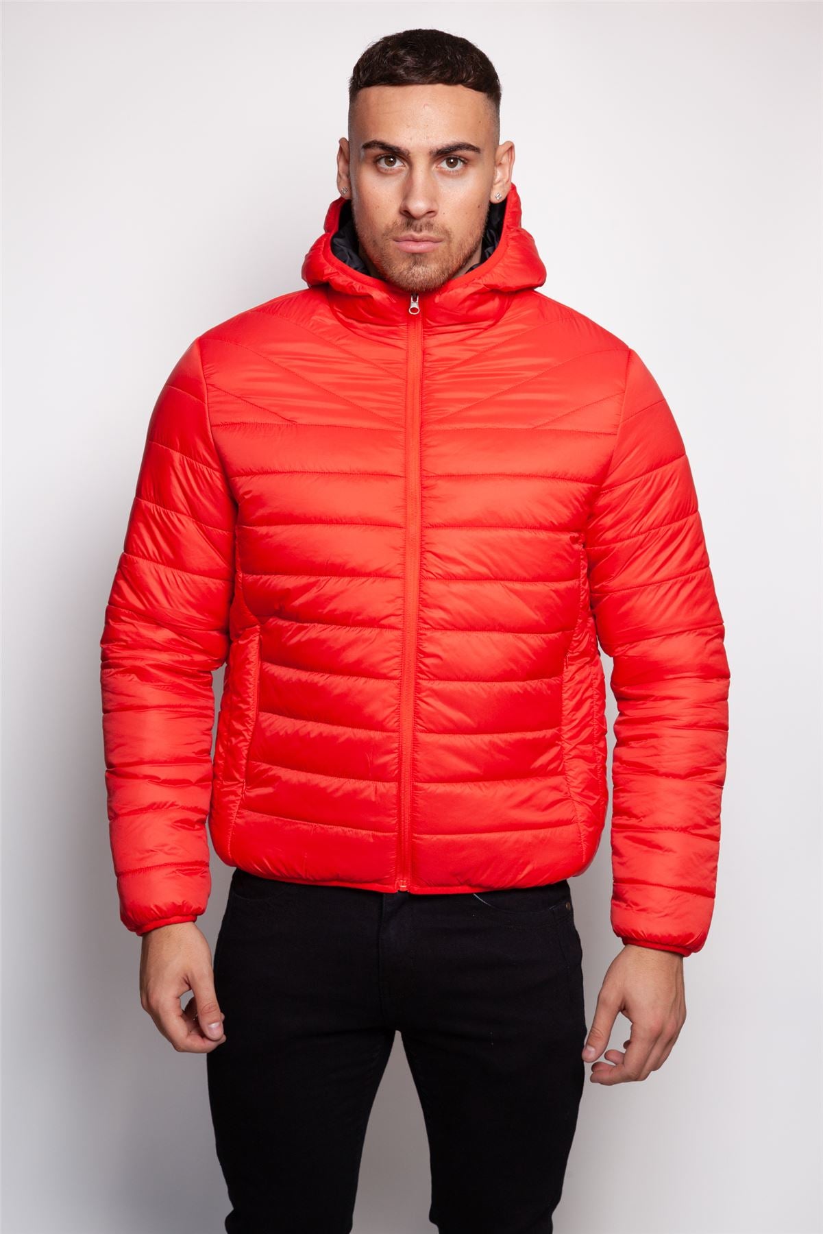 Mens red puffer hot sale jacket with hood